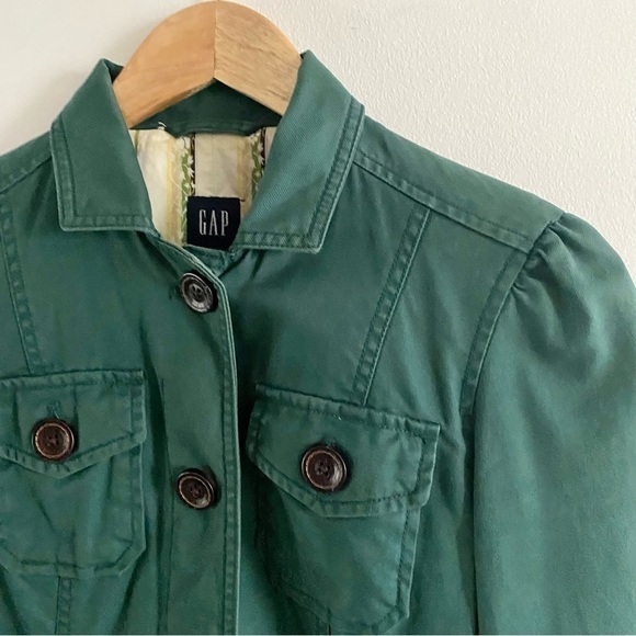 Gap Green Cavas Fitted Button Short Jacket Puff Sleeve Cotton Utility Coat - Picture 5 of 16